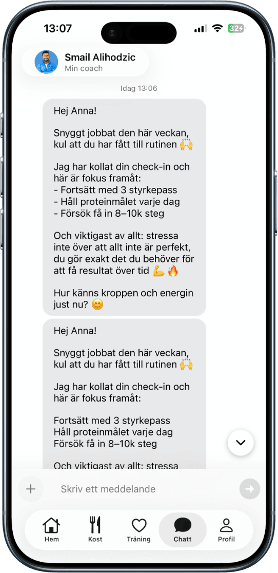 Chatten med Smail i appen, med hans veckouppföljning, i en iPhone