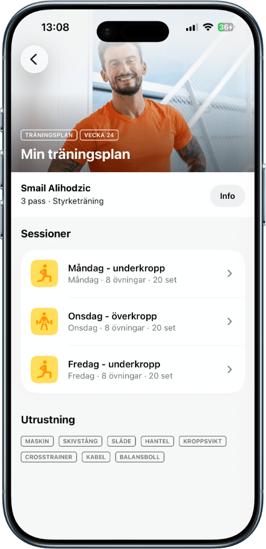 Träningsplanen i appen med veckans tre pass och utrustning, i en iPhone